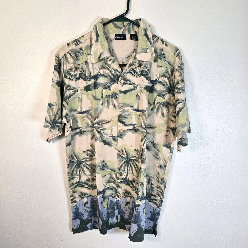 Cherokee Hawaiian Silk Shirt Mens M Green Blue Tropical Vacation Cruise Casual